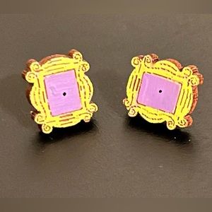 F R I E N D S picture frame earrings, Purple & Yellow